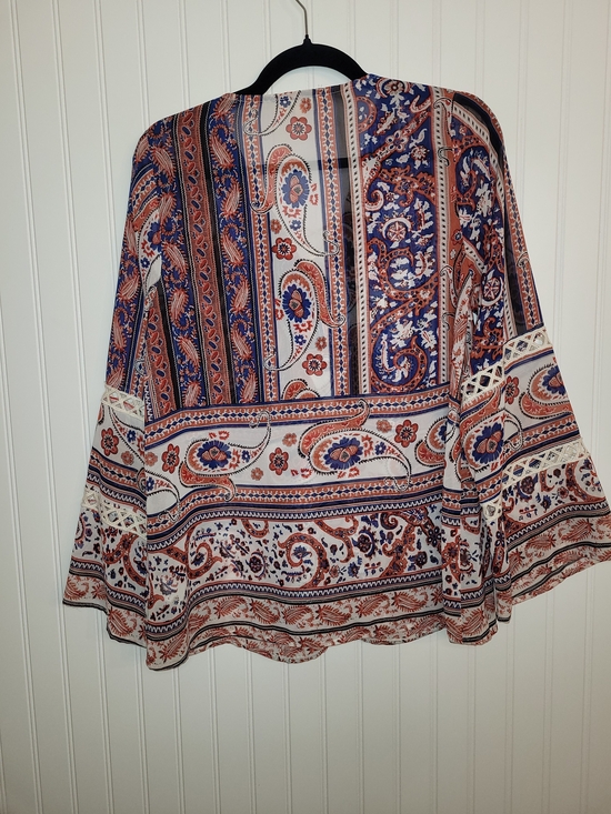 Umgee Boho Blue, Rust & Cream Paisley Peasant Lace-Up Top with Crochet Size S - Picture 5 of 6